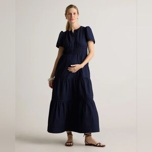 NWT Quince 100% Organic Cotton Poplin Navy Maternity Tiered Maxi Dress Medium